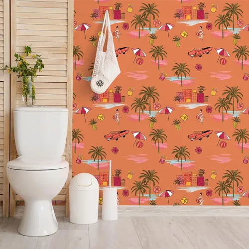 Miniatura 3 de VEELIKE Orange Island - Papel tapiz autoadhesivo para despegar y pegar, dibujado a mano, palmeras de playa de verano, papel tapiz extraíble, 17.7 x