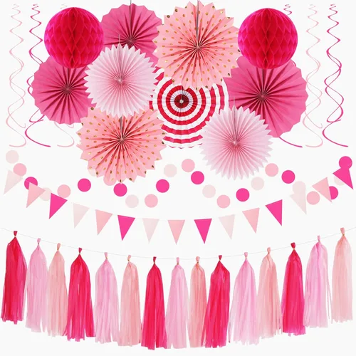 Miniatura 18 de Kits de decoración para fiestas negro blanco-plata - 33 piezas, banderas, guirnaldas con borlas para graduación, pompones de papel de seda tipo