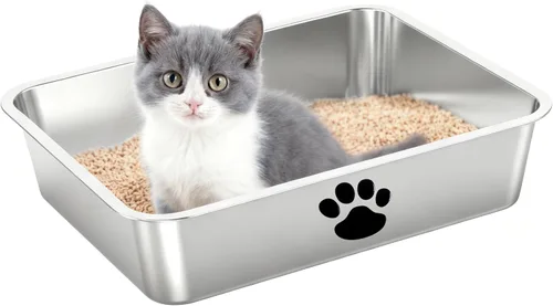 Miniatura 11 de Caja de arena de acero inoxidable para gatos, pequeña bandeja de arena de metal para gatitos, bandeja de arena para interiores, suministros