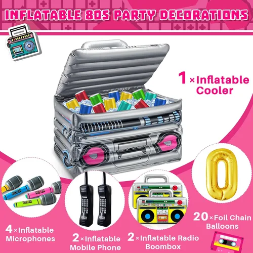 Miniatura 3 de Cunhill 29 piezas de decoraciones de fiesta de los años 80 y 90 incluyen caja inflable Boom Box, enfriador de bebidas, 20 globos de cadena de papel