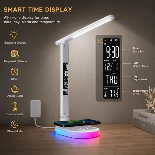 Miniatura 2 de Lámpara de escritorio LED con carga inalámbrica QI de 10 W, lámpara de mesa Flexo con 3 colores y 5 niveles de brillo con función de carga, USB
