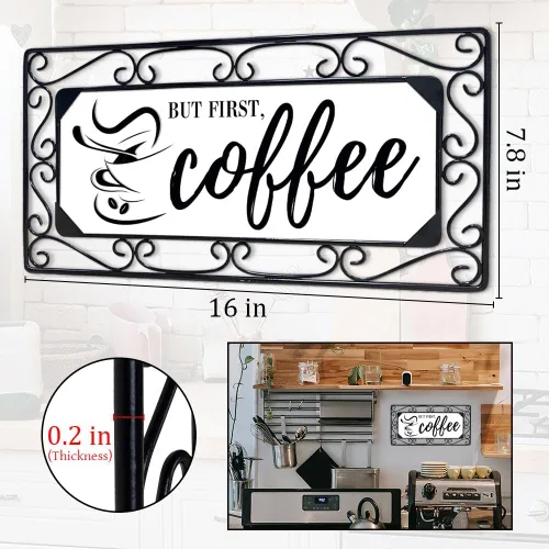 Miniatura 3 de Letrero de café, arte de pared de metal para bar, decoración de cocina y oficina con cita "But First Coffee", letrero para el hogar estilo café, 16