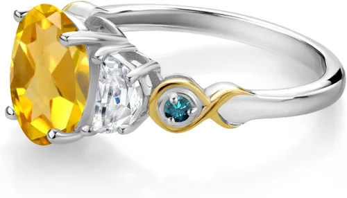 Miniatura 3 de Anillo ovalado de 3 piedras de plata 925 y oro amarillo de 10 quilates, citrino amarillo y piedra gema, moissanita creada King (2.01 quilates)