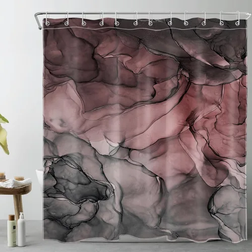 Miniatura 11 de LB Cortina de ducha abstracta de mármol, textura de mármol rosa y negro, cortina de ducha de arte moderno para baño, 60 x 72 pulgadas, tela