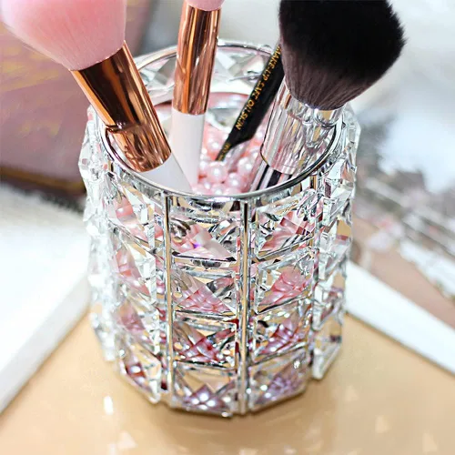 Miniatura 5 de LUEXBOX 4 soportes para brochas de maquillaje de cristal, organizador de herramientas de maquillaje brillantes, contenedor redondo de almacenamiento