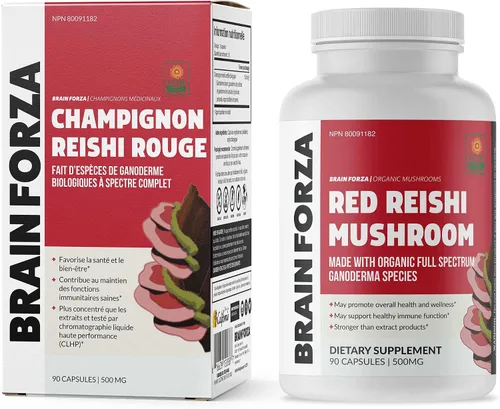 Miniatura 6 de Brain Forza Cápsulas orgánicas de hongos reishi rojos, apoyo inmunológico alimentado por hongos adaptogénicos, salud cardíaca y cardiovascular