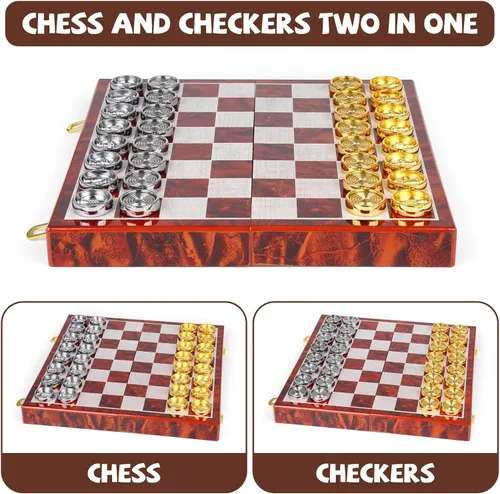 Miniatura 5 de Juego de ajedrez y damas de metal 2 en 1 para adultos y niños - Juegos de ajedrez de viaje de lujo de madera plegable con almacenamiento - Juego