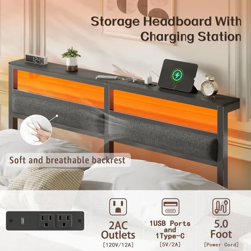 Miniatura 5 de OURPIC Estructura de cama de tamaño completo con cabecero, estructura de cama tamaño completo con luz LED y estación de carga, base de cama de Negro