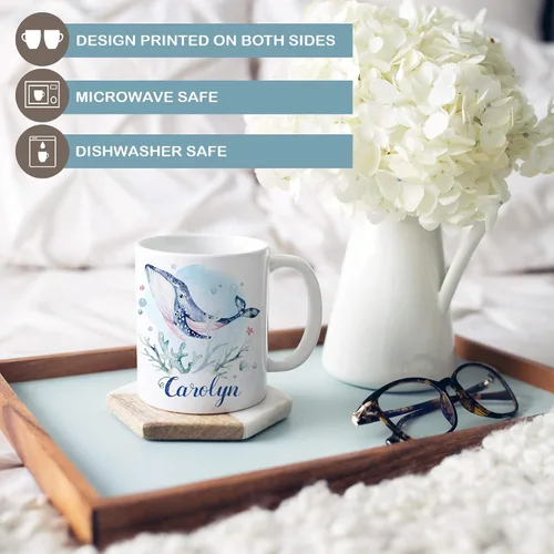 Miniatura 3 de Taza de café náutica personalizada de ballena Añadir nombre personalizado a la taza de cerámica Apto para microondas y lavavajillas, regalo