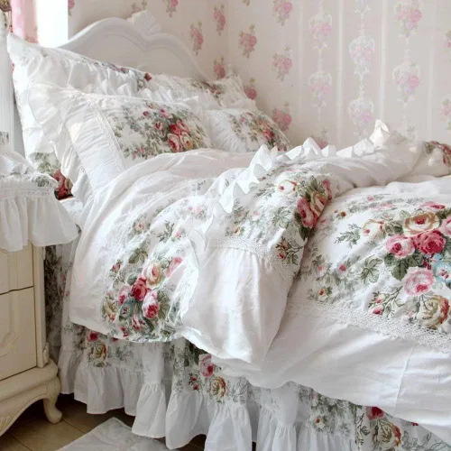 Miniatura 10 de FADFAY Juego de ropa de cama floral estilo campestre francés con estampado de pájaros azules, colección de faldas de cama, 800 hilos por pulgada