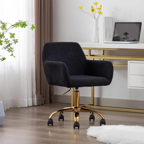 Silla de tocador negra mullida, bonitas sillas de escritorio de piel sintética con patas de metal dorado ajustables en altura ajustable, silla