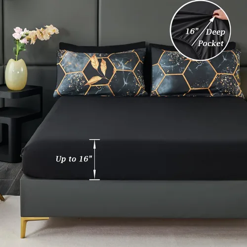 Miniatura 6 de ZRNBAST - Juego de edredón de nido de abeja negro de tamaño completo de 7 piezas, ropa de cama hexagonal suave y ligera, de mármol para todas