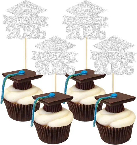Miniatura 30 de 24 piezas 2026 decoraciones para cupcakes de graduación 2026 con purpurina clase de 2026 para graduación de graduación para felicitaciones 2026