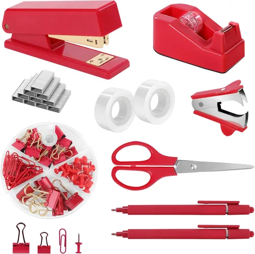 Miniatura 10 de SKYDUE Juego de suministros de oficina negros, accesorios de escritorio negros, grapadora, dispensador de cinta, tijeras, carpeta/clips de papel