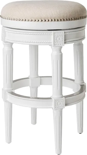 Maven Lane Pullman Taburete de Bar de Madera Giratorio 180 Grados sin Respaldo de 30" de Altura con Ribete de Tachuelas, Acabado Blanco Alabastro y