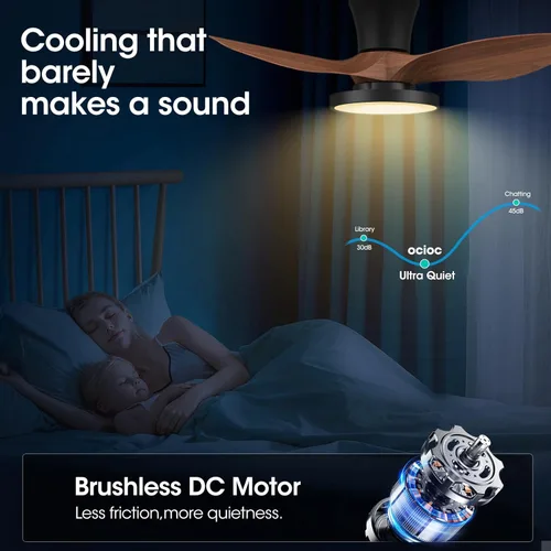 Miniatura 8 de ocioc Ventilador de techo silencioso con luz LED, motor de CC de 32 pulgadas, control remoto de gran volumen de aire, nogal para cocina, dormitorio