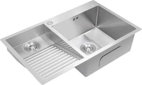 Miniatura 12 de Fregadero de lavandería de 2 lavabos para el hogar con lavabo con tabla de lavar y grifo, fregadero de acero inoxidable para lavanderías, baños