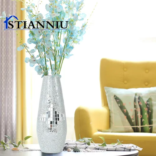 Miniatura 2 de Florero decorativo brillante, impresionante mosaico hecho a mano, decoración de la casa, centros de mesa, decoración moderna de habitación (plateado)