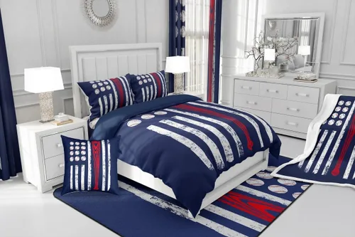 Miniatura 4 de Juego de funda de edredón con bandera estadounidense de béisbol, bate de béisbol, bandera de Estados Unidos, para niños y adolescentes, color rojo