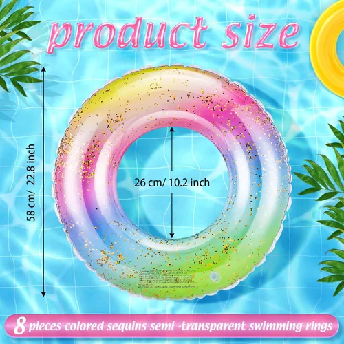 Miniatura 2 de Wettarn Flotadores inflables de piscina, 8 unidades, tubos de natación para niños, tubos de piscina con purpurina interior de lentejuelas, tubo