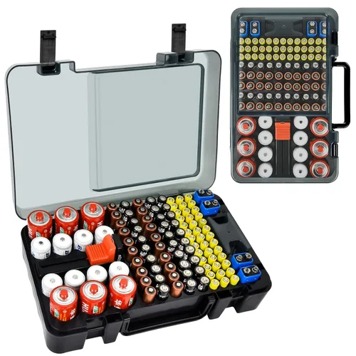 Estuche Organizador y de Almacenamiento de Baterías con Probador. Caja Contenedor Portabaterias para más de 120 pilas AA AAA 9V C D, Litio CR2025