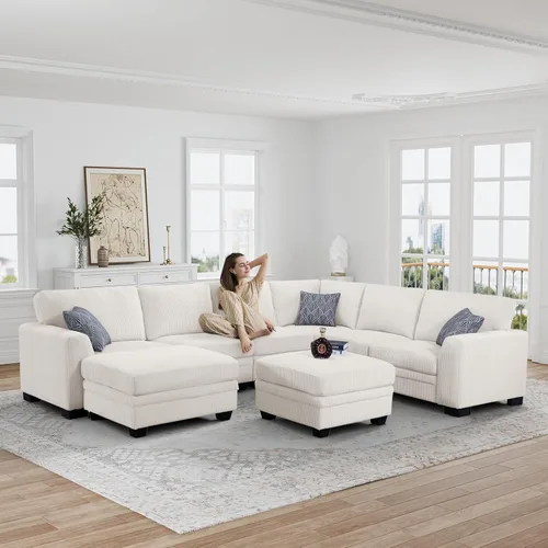 Miniatura 3 de Legend Vansen Sofá Seccional Modular de Gran Tamaño, Sofá en Forma de U de 8 Asientos con Otomana, Sofá de Pana con Asiento Profundo, Sofás Crema