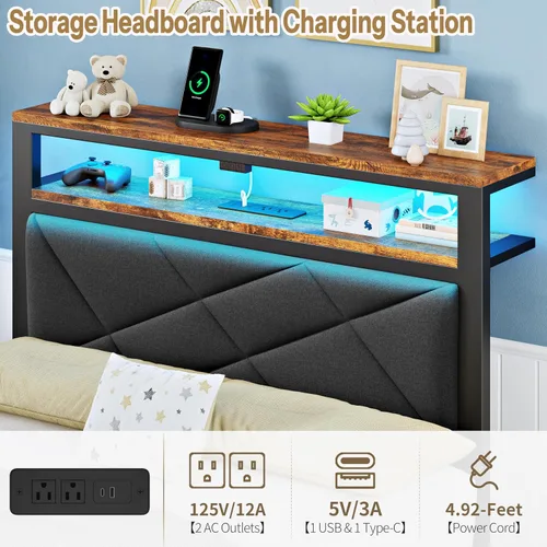 Miniatura 4 de ChicZhiNest Marco de cama individual con cabecero LED y estación de carga USB incorporada, cama de metal tapizada en lino con respaldo y estantes