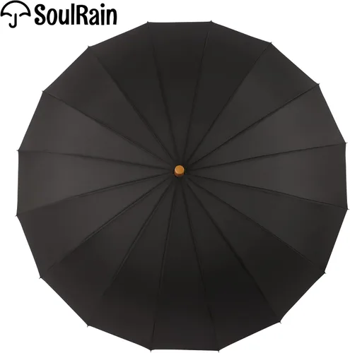 Miniatura 62 de SoulRain Paraguas de palo de 16 varillas de 48 pulgadas, apertura automática, color sólido, moderno y simple, mango de madera clásico de arco