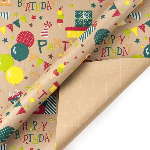 Miniatura 4 de RUSPEPA Papel de Regalo Kraft - Diseño Colorido de Envoltura de Cumpleaños - 4 Rollos - 30 pulgadas x 10 pies por rollo Cumpleaños coloridos
