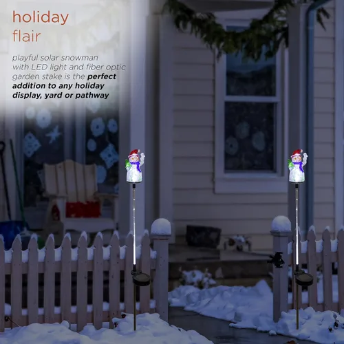 Miniatura 3 de Alpine Corporation Juego de 2 estacas solares de jardín de muñeco de nieve de 34 pulgadas de alto con luces LED de fibra óptica blanca, juego de 2