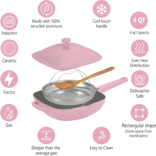 Miniatura 6 de Sartén antiadherente cuadrada de cerámica de 11 pulgadas con tapa y cesta de vapor, sartén profunda, aluminio fundido no tóxico sin PFAS, compatible