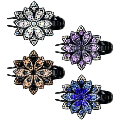inSowni Juego de 4 Pinzas para el pelo de lujo con brillos de fantasía, cristales brillantes, decorativas, de plástico, con flores, clips de garra,