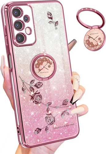 Miniatura 17 de Funda para Samsung Galaxy S22 Ultra con purpurina brillante para mujeres y niñas, cubierta de teléfono morada, diseño floral con anillo de flores