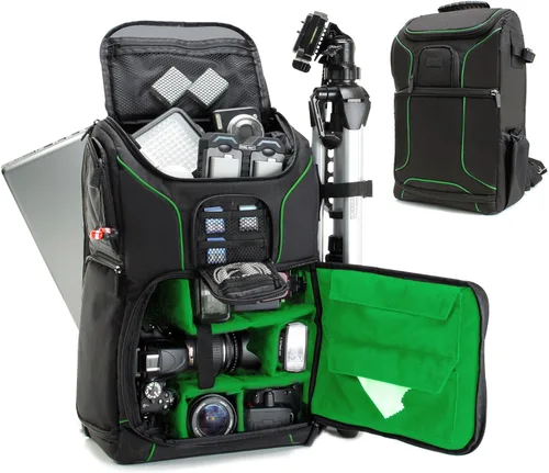 USA Gear - Mochila para cámara para fotógrafos DSLR/SLR/cámara sin espejo con ranura para laptop, cubierta para la lluvia, soporte para trípode Verde