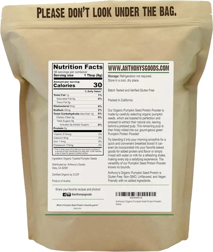 Miniatura 2 de Anthony's - Polvo de proteína de semilla de calabaza orgánica, 1 lb, sin gluten, sin OMG, sin sabor, proteína a base de plantas