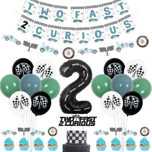 Jollyboom Two Fast Two Curious - Decoración de segundo cumpleaños, paquete de fiesta de coche de carreras con pancarta, guirnalda, decoración de