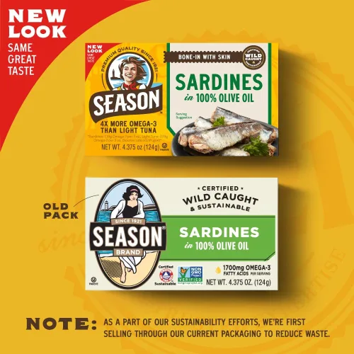 Miniatura 3 de Season Sardinas en aceite de oliva – capturadas en la naturaleza, 0.78 oz de proteína, bocadillos Keto, más Omega 3 que atún, Kosher, alto