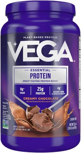 Vega Original Essential Protein - 25g de proteína vegetal, chocolate cremoso, 20 porciones, mezcla para bebida vegana sin OMG, lista para batidos y