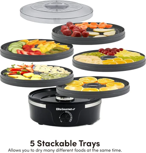Miniatura 4 de Elite Gourmet EFD319DKG Deshidratador de Alimentos, 5 Bandejas de 29 cm libres de BPA, Controles de Temperatura Ajustables, para Carne Seca