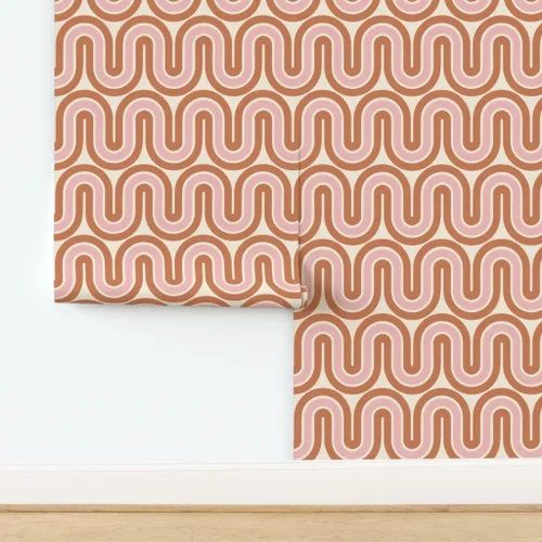 Miniatura 4 de Papel tapiz para despegar y pegar, diseño retro de mediados de siglo, líneas rosadas y marrones, decoración del hogar, olas, papel tapiz extraíble