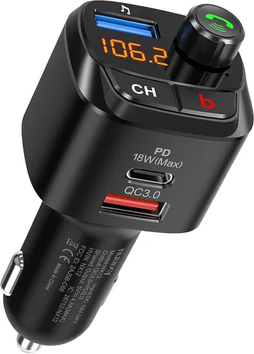 Nulaxy Transmisor FM Bluetooth 5.0 para automóvil, QC3.0 y USB-C PD 18 W, adaptador de radio Bluetooth inalámbrico, reproductor de música, kit de