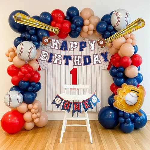 Miniatura 8 de Decoraciones de fiesta de cumpleaños de béisbol, arco de globos azul marino y rojo desnudo con bate de béisbol y guantes y pancarta de feliz