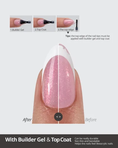 Miniatura 4 de BTArtboxnails XCOATTIPS uñas postizas con punta francesa - Uñas postizas largas cuadradas con base de purpurina rosa, 90 piezas de puntas de uñas