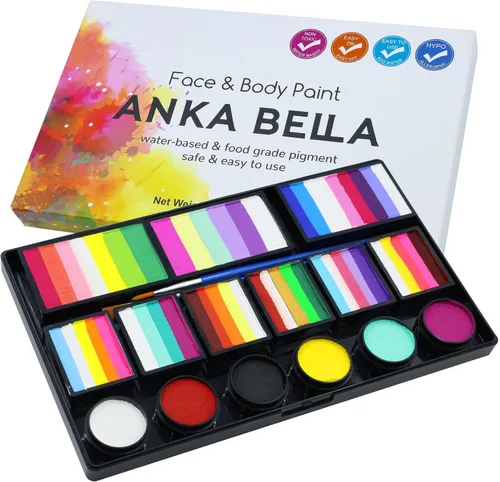 Anka Bella Pintura facial profesional activada por agua, kit de pintura facial no tóxica para niños y adultos, incluye pastel de arcoíris, pastel