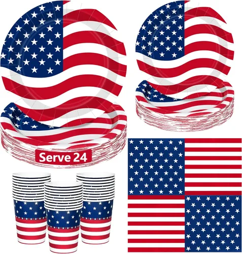 96 Pcs 4th of July Party Supplies Set, American Flag Patriotic Plates Napkins Cups, Disposable Red White Blue Star and Striped Dinnerware USA Flag