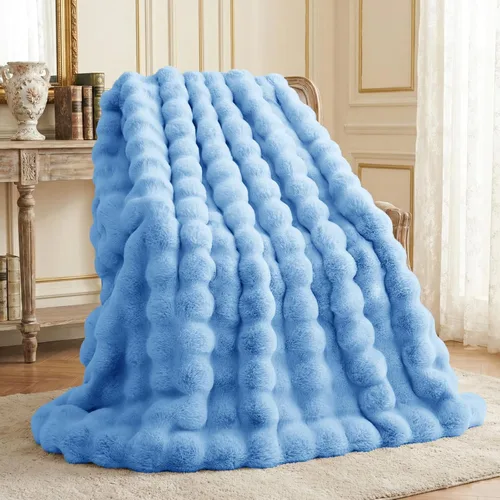 L'AGRATY - Manta de piel sintética de 50" x 60" de lujo, suave y esponjosa, de pelo de conejo, para cama, sofá o diván - Manta mullida y decorativa