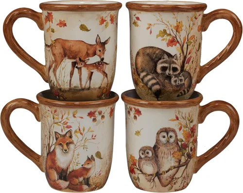 Pine Forest - Tazas de cerámica Woodland de 16 onzas, juego de 4 tazas de café de vida silvestre otoñal con zorro, búho, ciervo y mapache, ideal