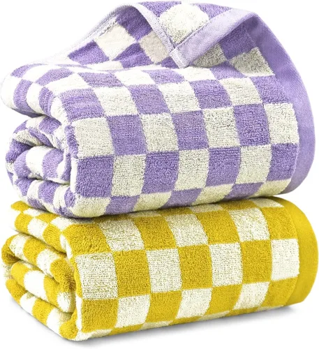 Jacquotha Juego de toallas de baño a cuadros en amarillo y lila, toallas de ducha suaves y grandes, paquete de 2 toallas de baño de 55 x 27.5