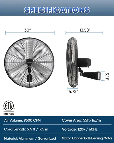 Miniatura 2 de KEN BROWN Ventilador oscilante industrial de 30 pulgadas para montaje en pared, 7497 CFM de alta velocidad, construcción de metal resistente, 2