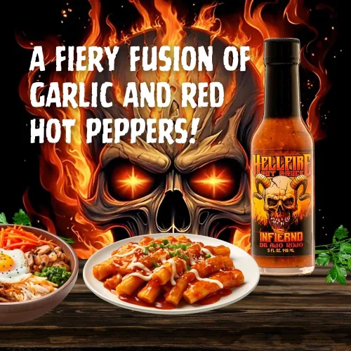 Miniatura 4 de Hellfire Hot Sauce Infierno De Ajo Rojo - Salsa picante gourmet de salsa roja con ajo y pimientos Carolina Reaper, 5 onzas